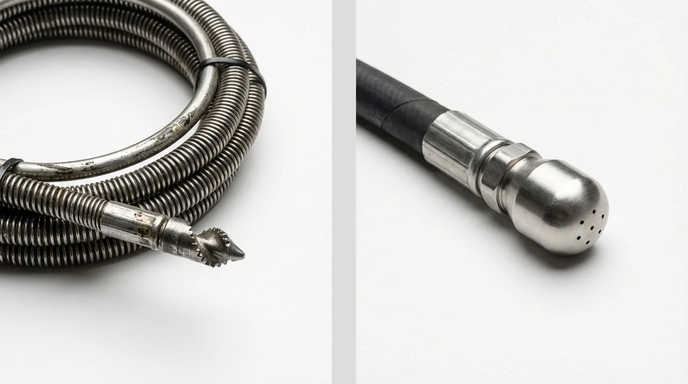 Drain snake cable and hydro jetting nozzle used for drain cleaning in Park Rapids, MN