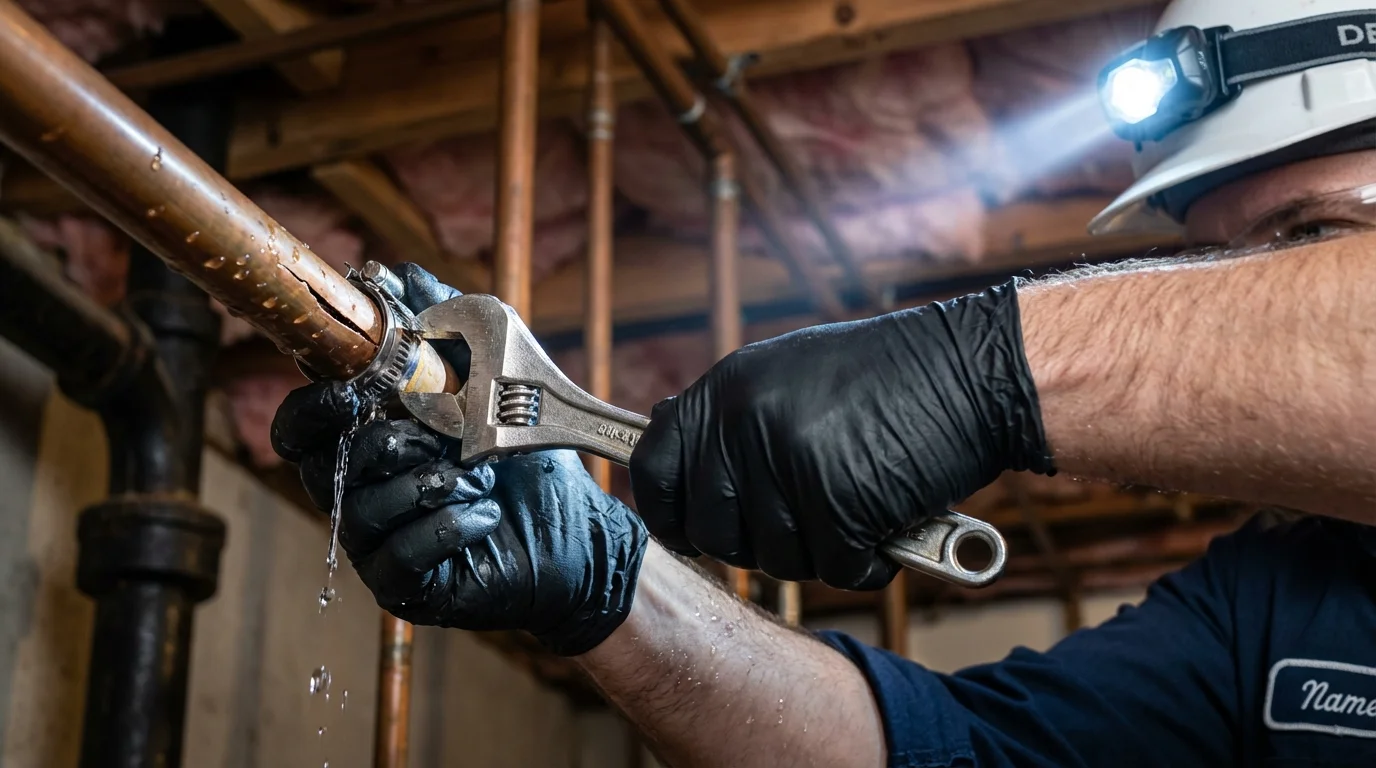 Emergency pipe clamp repair being performed by a Johns Plumbing LLC plumber in Park Rapids