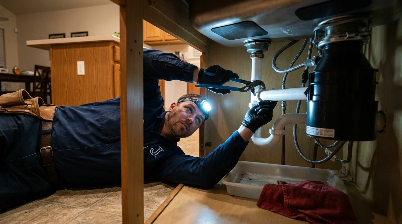 P-trap and supply line connections under a kitchen sink showing a common leak point in Park Rapids, MN